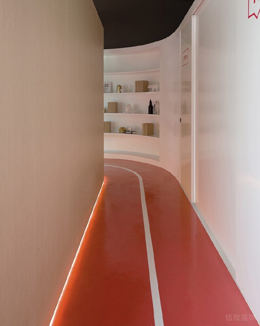 弧形過道裝修設(shè)計(jì)紅色機(jī)構(gòu)走廊效果