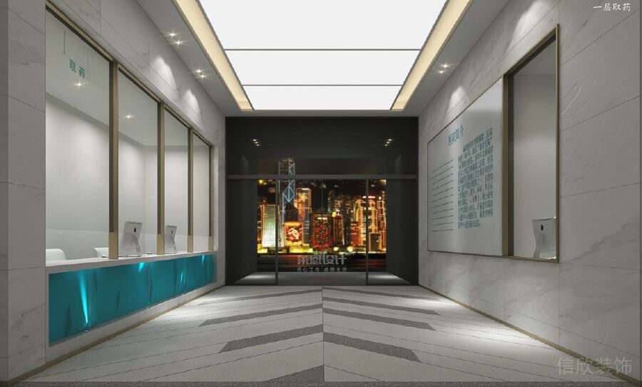 過道設(shè)計(jì)箭頭指示前臺(tái)區(qū)域醫(yī)院繳費(fèi)處