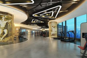 天花創(chuàng)意吊頂跑步機(jī)弧形過(guò)道開(kāi)放式運(yùn)動(dòng)健身健身房裝修