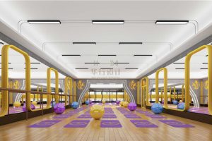 紅色弧線設(shè)計(jì)瑜伽木質(zhì)教室鏡面墻體軟包效果圖