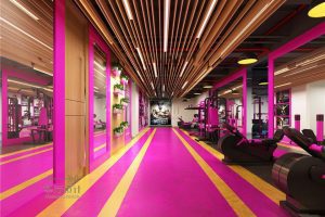 芭比粉木質(zhì)過(guò)道裝修設(shè)計(jì)天花鏤空吊頂女性健身房裝修現(xiàn)代效果圖