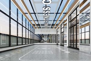 健身房開放式活動室地板設(shè)計(jì)木質(zhì)天花鏤空墻體棕色玻璃隔斷