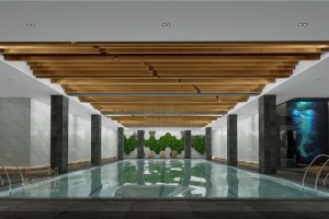 游泳池裝修設(shè)計(jì)現(xiàn)代簡約風(fēng)墻柱黑白色調(diào)設(shè)計(jì)木質(zhì)天花