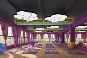 紫色優(yōu)雅女士瑜伽健身房教室設(shè)計(jì)木質(zhì)地板天花花型吊頂