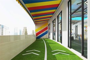 草坪跑道直線設(shè)計(jì)紅黃藍(lán)墻體繪制藝術(shù)效果圖