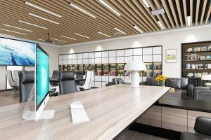 木質(zhì)天花鏤空墻體設(shè)計(jì)真皮沙發(fā)會(huì)議室裝修效果