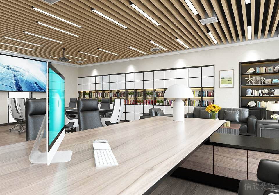 木質天花鏤空墻體設計真皮沙發會議室裝修效果