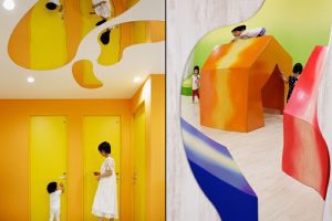 兒童機(jī)構(gòu)藝術(shù)教育培訓(xùn)中心衛(wèi)生間對(duì)稱(chēng)黃色鏡面設(shè)計(jì)