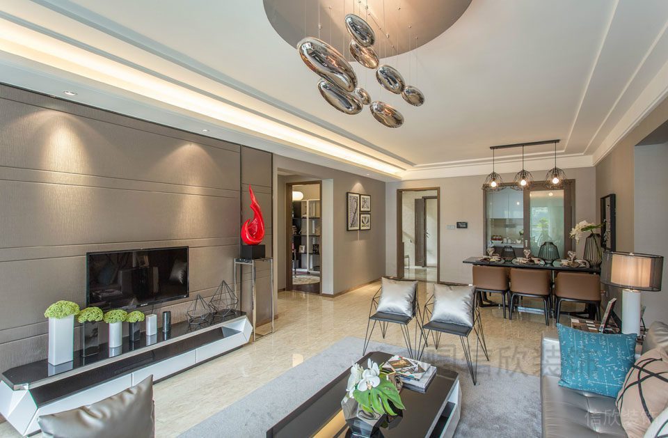 輕奢風大理石天花吊頂大廳裝修就餐區(qū)裝修設計