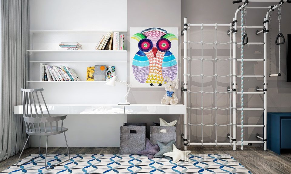 兒童房書桌創意設計懸掛活動區攀巖娛樂瓷磚地板鋪貼效果圖。