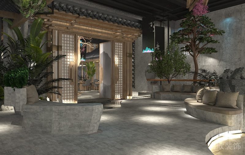 原木風(fēng)平推門戶外環(huán)形沙發(fā)休息區(qū)餐廳過道裝修設(shè)計