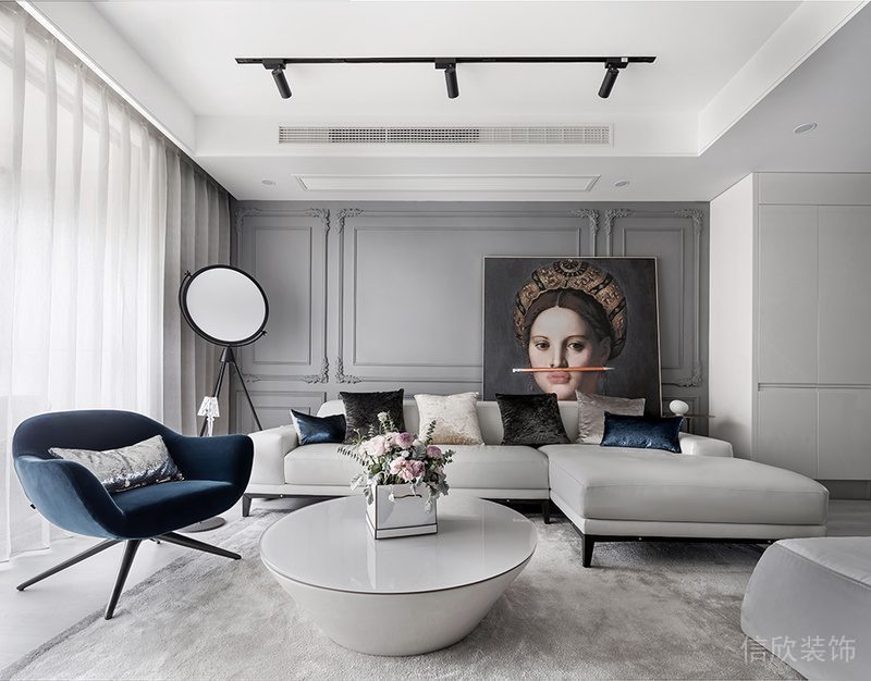 現(xiàn)代簡約風(fēng)純白客廳沙發(fā)大理石茶幾地毯鋪貼石膏線灰色墻體創(chuàng)意設(shè)計(jì)