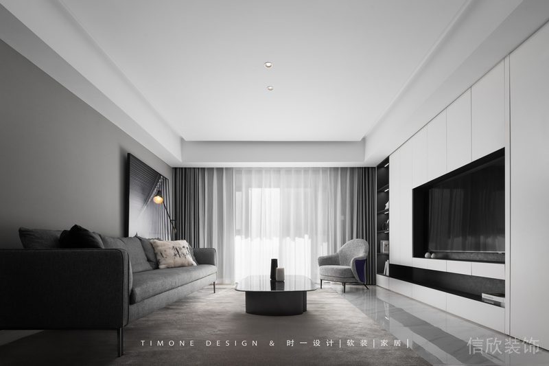 黑白色調(diào)現(xiàn)代簡約風(fēng)商務(wù)觀影區(qū)地毯裝修客廳