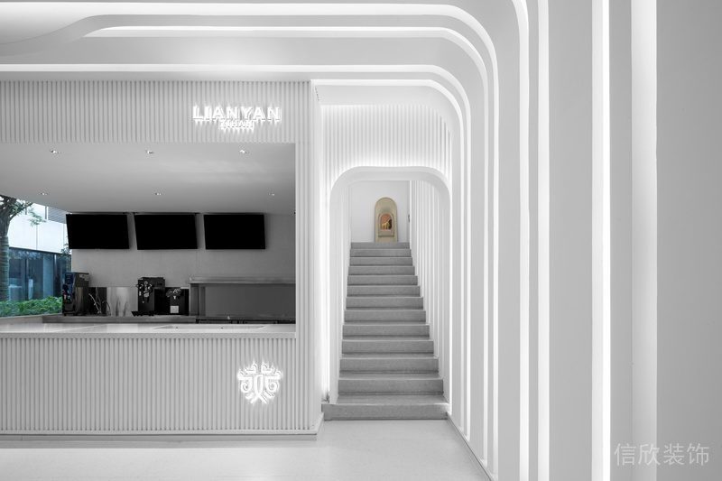 簡約風(fēng)純白過道奶茶店裝修效果圖階梯過道設(shè)計(jì)圖