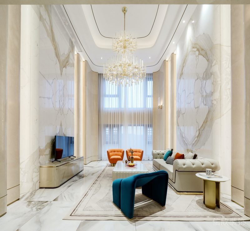 輕奢風(fēng)水晶吊頂通體白花大理石過道客廳裝修時(shí)尚效果圖