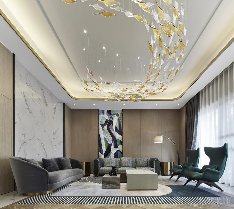 環(huán)形金屬天花吊頂別墅裝修設(shè)計圖大理石墻體通體落地窗裝修沙發(fā)會議室裝修