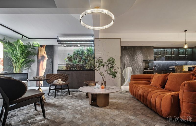 客廳開放式區(qū)域絨面布藝沙發(fā)環(huán)形天花水晶吊頂瓷磚鋪貼地板客廳效果
