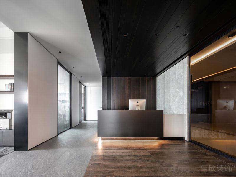 辦公室現代簡約風深色實木前臺效果圖