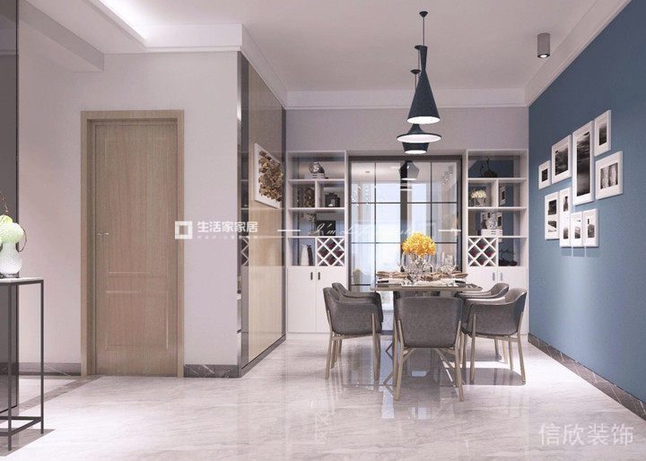 北歐風(fēng)就餐區(qū)弧形線條天花創(chuàng)意設(shè)計射燈燈飾裝修墻板形象設(shè)計