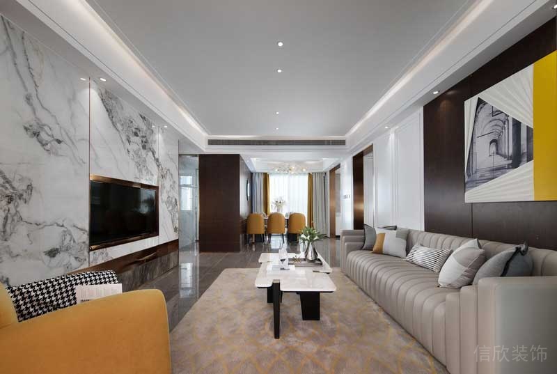 深圳龍崗坂田萬科第五園輕奢風大戶型樣板間設計米灰色沙發