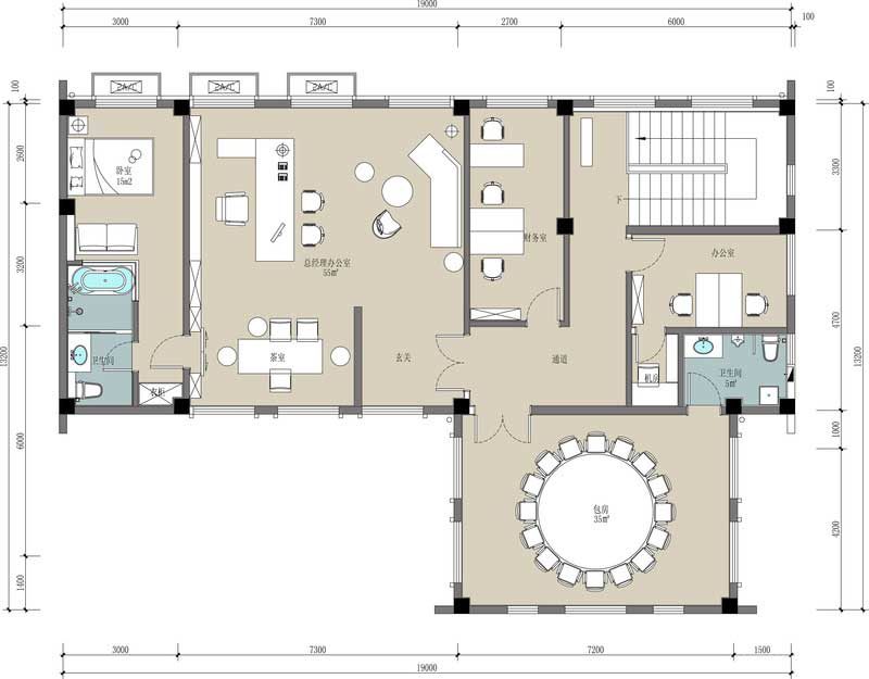 深圳鹽田區現代中式風格辦公室裝修設計二層彩色平面布置圖 深圳鹽田區現代中式風格辦公室裝修設計二層彩色平面布置圖