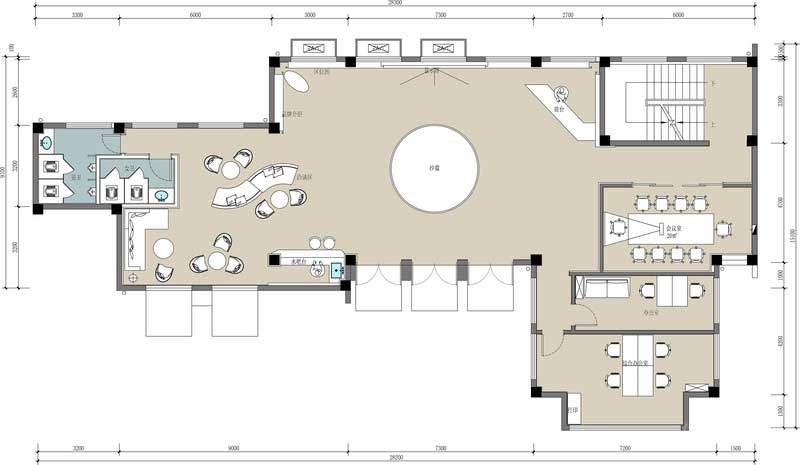 深圳鹽田區現代中式風格辦公室裝修設計一層彩色平面布置圖 深圳鹽田區現代中式風格辦公室裝修設計一層彩色平面布置圖