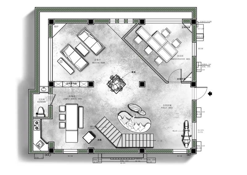 鹽田區極簡風格辦公室裝修設計一層彩色平面布置圖 鹽田區極簡風格辦公室裝修設計一層彩色平面布置圖
