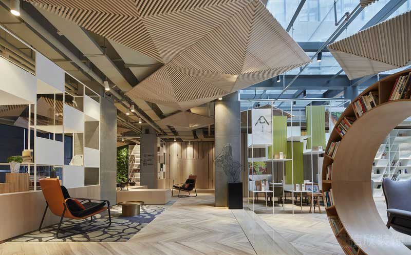 現代原木風環形內嵌式滾輪書架創意設計效果辦公室現代工作室裝修