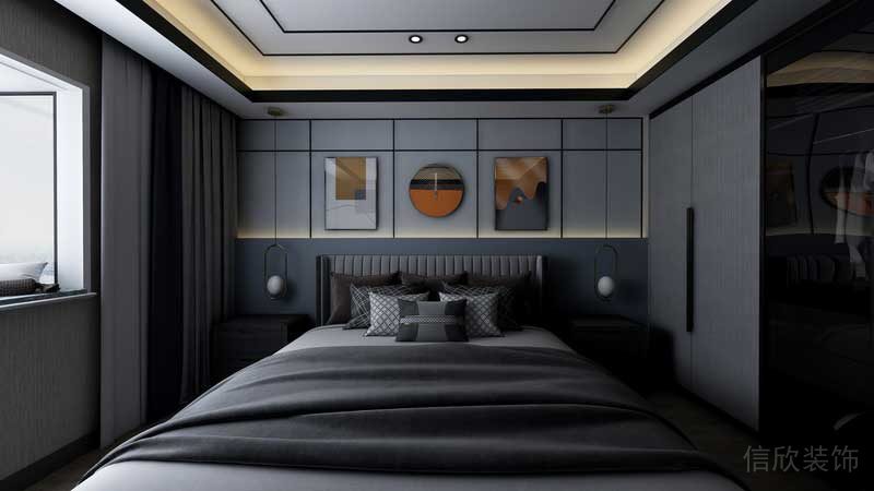 深圳市羅湖區(qū)新中式家庭住房舊房改造主臥床頭背景墻設(shè)計(jì)效果圖