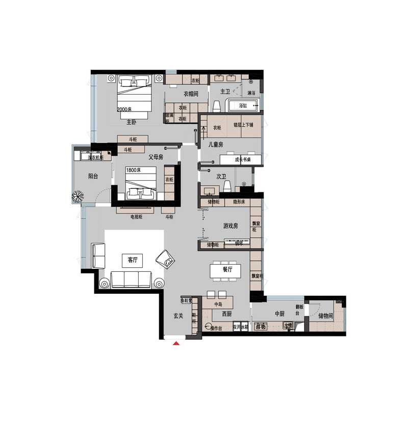 最終定稿平面布置圖，1.在玄關處增加鞋柜的功能，同時做隔斷，圍合式玄關，化解進門正對主臥門的問題。2.保留儲物間，將原生活陽臺擴大作為中廚功能，將原廚房改造為帶中島臺的西廚，將廚房功能進行劃分。3.靠近餐廳的房間在設計師的建議下做成目前的游戲房，活動室和臨時客房使用，將動靜區劃分。4.主臥在保證主衛的舒適尺度下擴大衣帽間的區域，衣帽間共做三排大衣柜，大大增加收納空間。同時各個房間的儲物空間也逐步增加，但在公共區域部分做了適當的儲物后還是以舒適休閑家庭聚會為主沒有處處都堆滿儲物柜造成擁擠的視覺感。