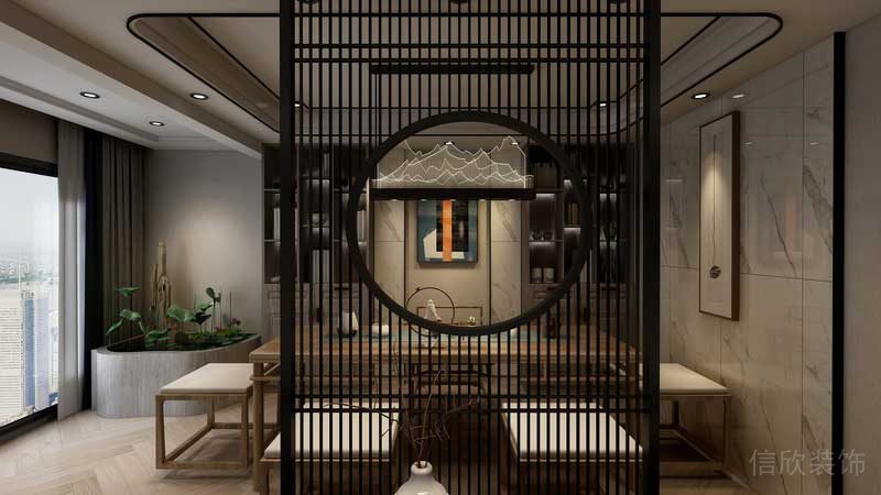 深圳市羅湖區(qū)新中式家庭住房舊房改造格柵屏風(fēng)設(shè)計(jì)效果圖