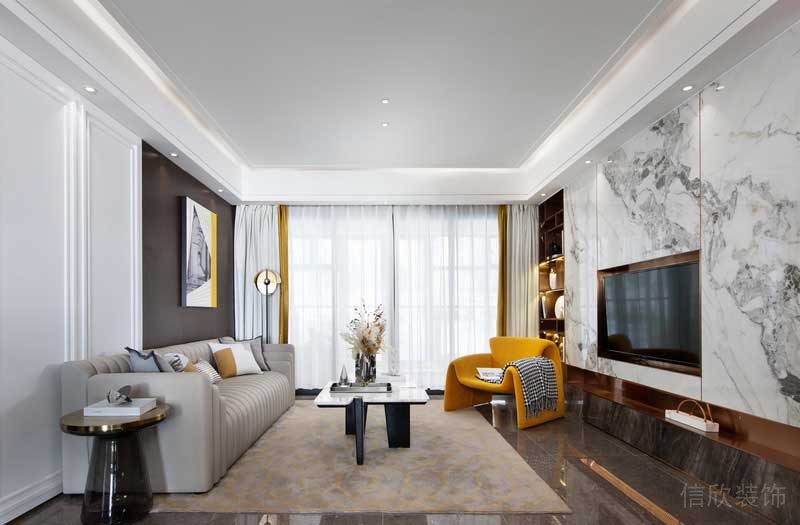 輕奢風(fēng)沙發(fā)皮革裝修客廳地毯設(shè)計(jì)大理石效果