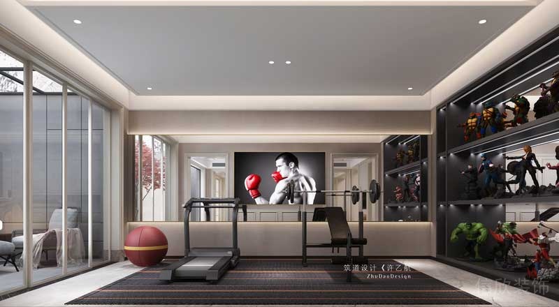 健身房在滿足男主人健身需求的同時，通過一面手辦墻的形式，表現出了男主人的愛好；健身房外的觀景庭又與干景相連，偶爾坐在沙發(fā)上觀景，意境十足。