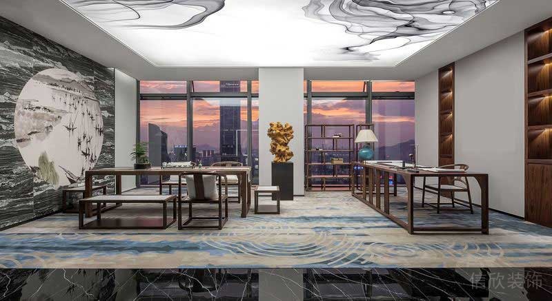 中國風(fēng)創(chuàng)意古典落地成玻璃現(xiàn)代內(nèi)嵌式木柜休息區(qū)洽談室裝修效果圖