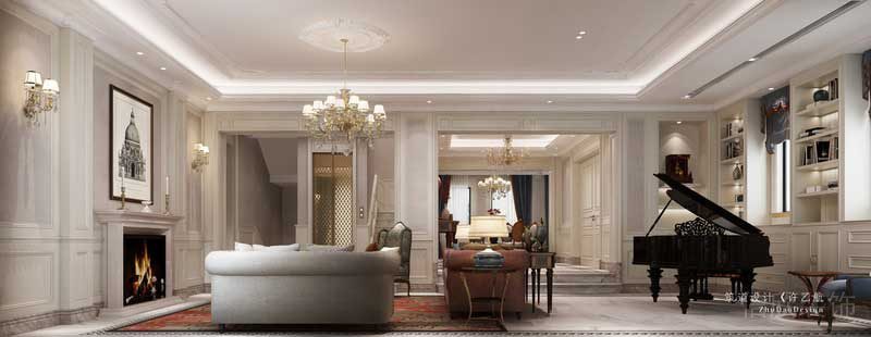 客廳作為重中之重的區(qū)域，取消了傳統電視機和電視機柜的組合，通過霧化壁爐及裝飾畫，讓客廳成為一個一家人溝通交流的地方，而小朋友練琴是需要大人陪伴聆聽的，所以我們在沙發(fā)后放置三角鋼琴，滿足觀賞性的同時，又給予了小朋友與大人陪伴的空間。