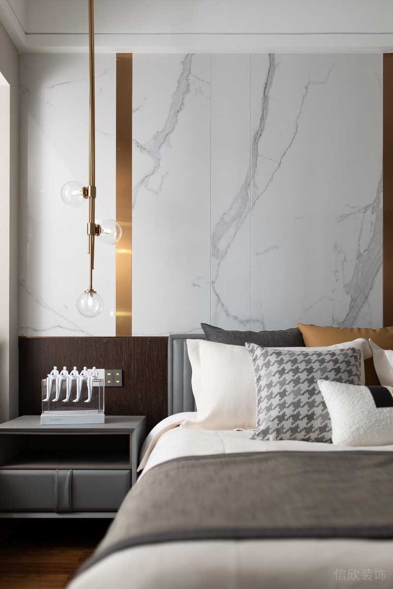 深圳龍崗坂田萬科第五園輕奢風大戶型樣板間設計主臥床頭背景墻