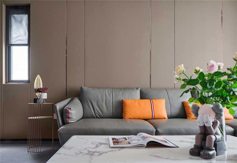 軟包皮革條紋內(nèi)嵌式金屬玫瑰金墻體裝修效果圖大理石茶幾辦公室休息區(qū)