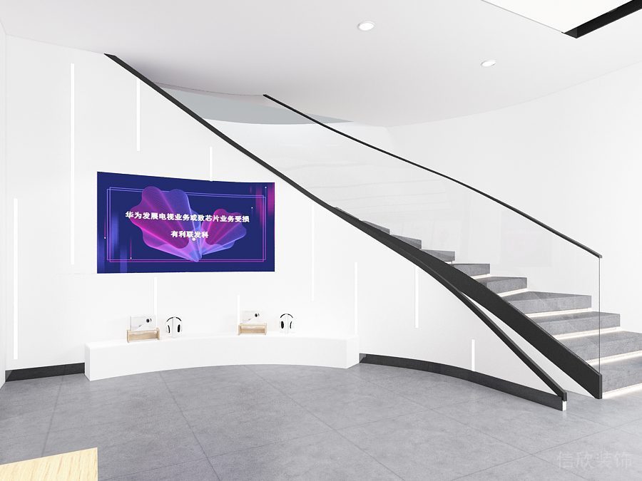 深圳南山萬象天地現(xiàn)代風(fēng)格華為專賣店裝修設(shè)計電視墻和樓梯