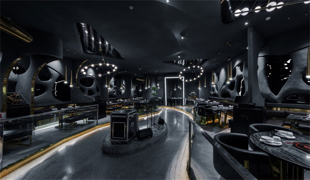 深圳鹽田后現(xiàn)代黑灰色系餐飲店裝修設(shè)計中島舞臺 深圳鹽田后現(xiàn)代黑灰色系餐飲店裝修設(shè)計中島舞臺