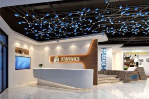 天花鏤空創(chuàng)意吊頂工業(yè)風(fēng)前臺(tái)區(qū)陶瓷效果圖木質(zhì)創(chuàng)意設(shè)計(jì)點(diǎn)綴機(jī)構(gòu)