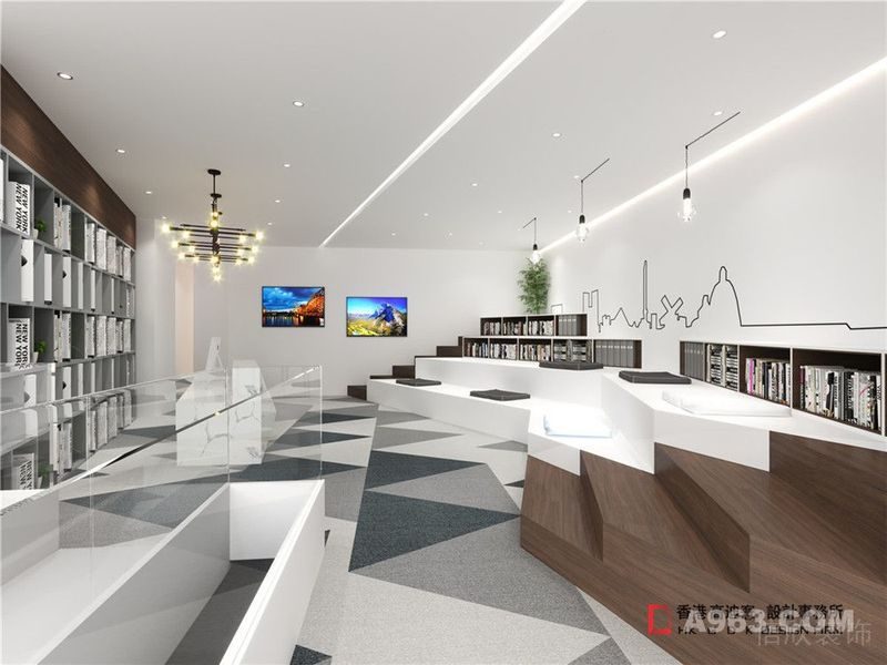 簡約辦公室裝修階梯休息區(qū)菱形地板靜音設計現(xiàn)代簡約設計圖