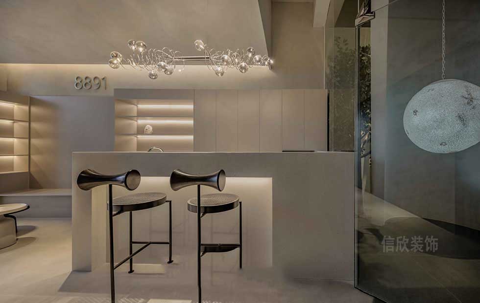 辦公室接待區米黃色大理石吧臺鐵藝吧凳