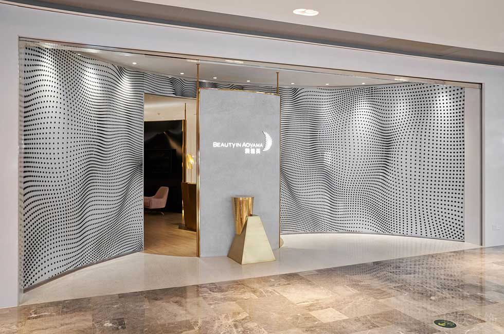 波點(diǎn)墻體設(shè)計效果圖大理石地板裝修辦公室前臺區(qū)過道效果金色墻體裝修