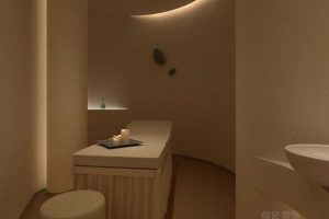 按摩會所裝修設計放松休息區躺床裝修木質鏤空led設計空間店鋪