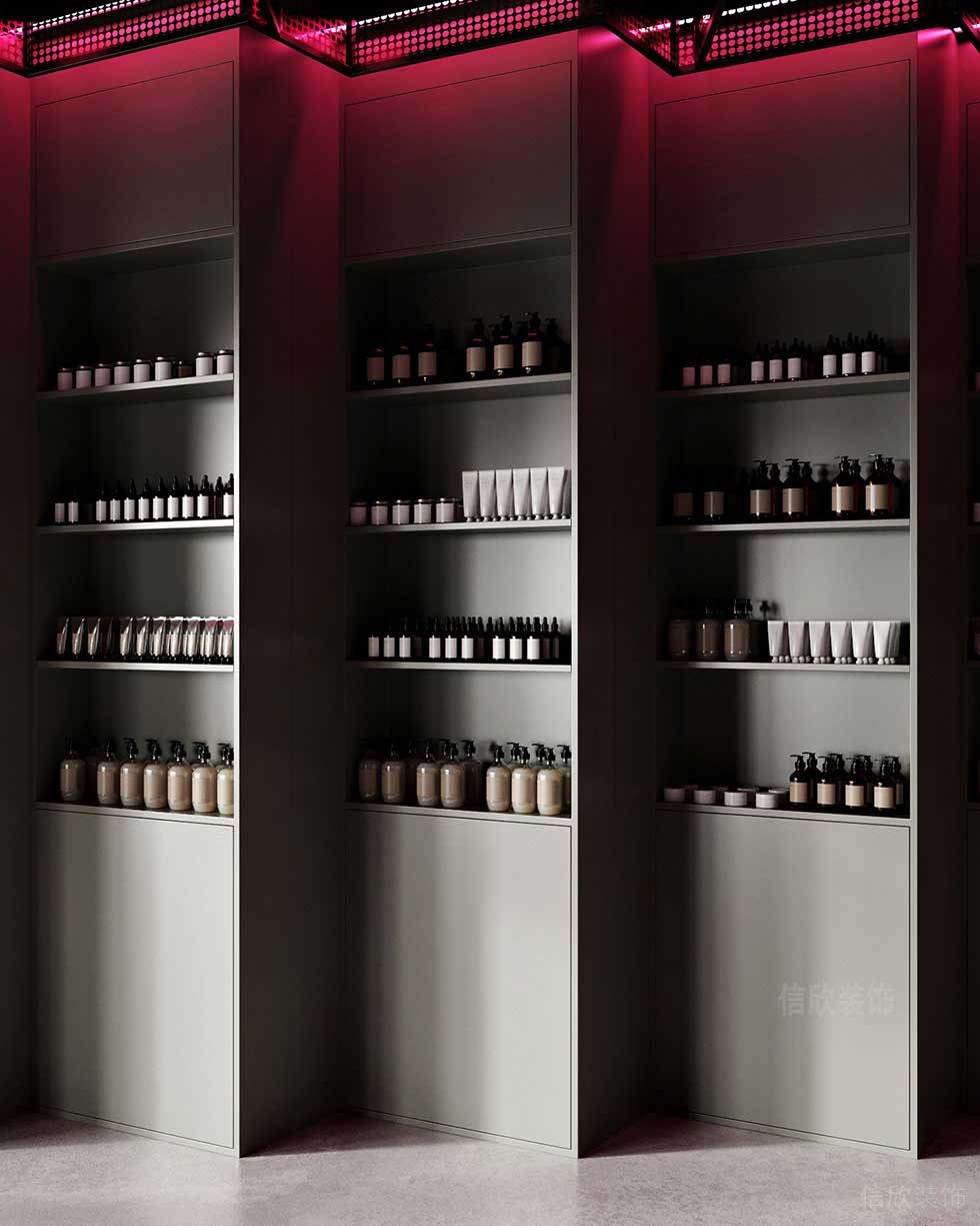 美發(fā)店藥品展示柜紅色燈光效果圖