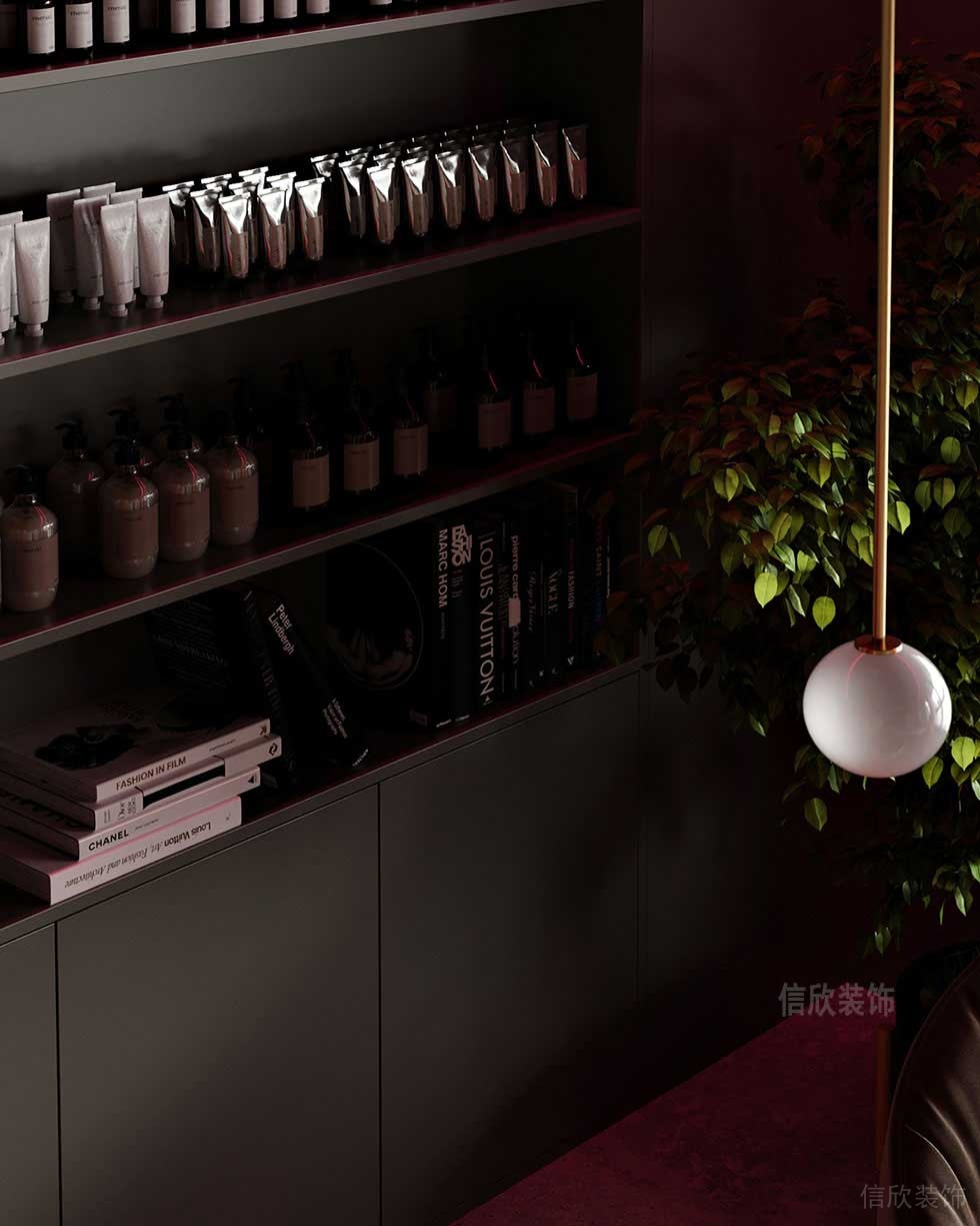 美發(fā)店裝修深色木展示柜護膚品展示