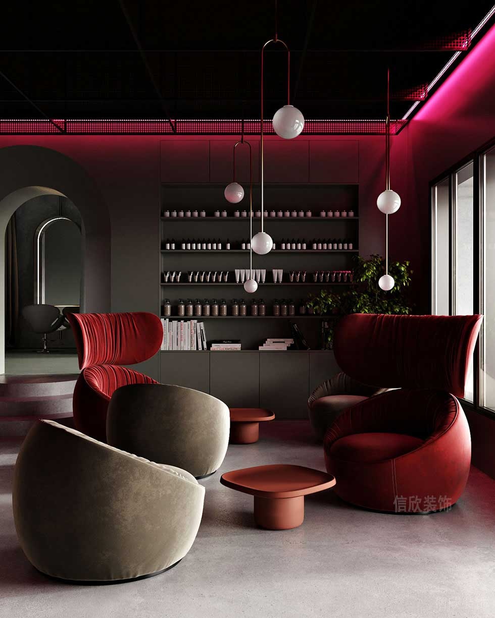 美發(fā)店休息區(qū)紅色燈光效果圖