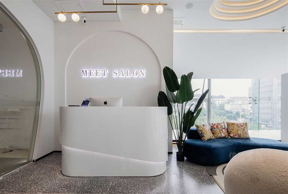 美發店裝修白色弧形前臺接待臺