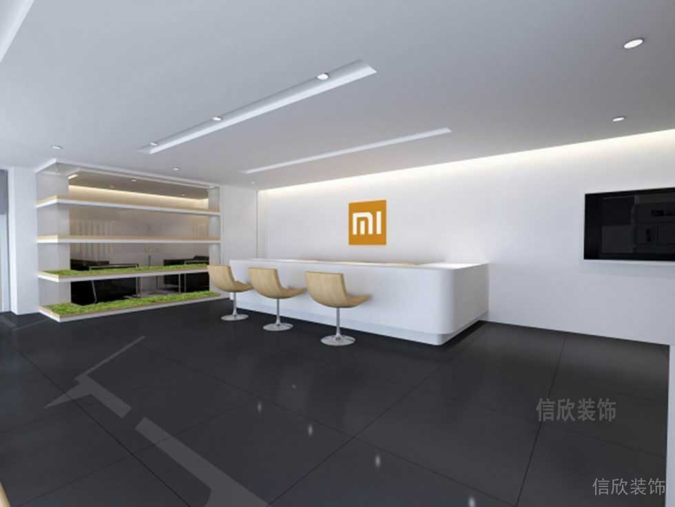 小米接待區裝修效果圖pvc地板裝修店鋪收納鏤空墻柜