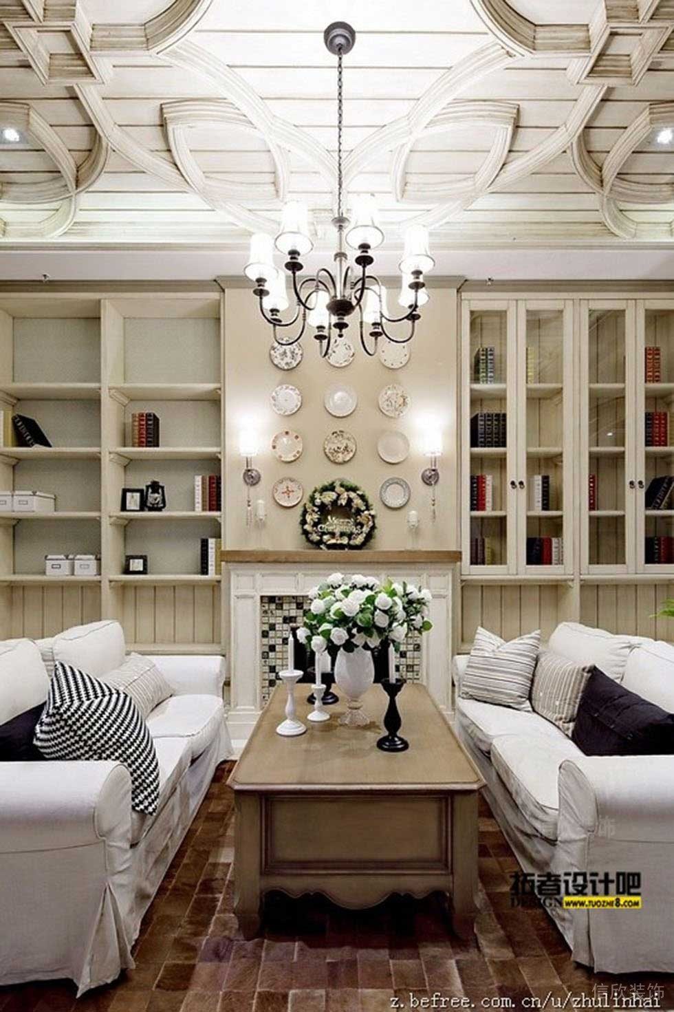 木質古典雅致風收納內嵌式大小收納玻璃柜布藝沙發休息區裝修效果